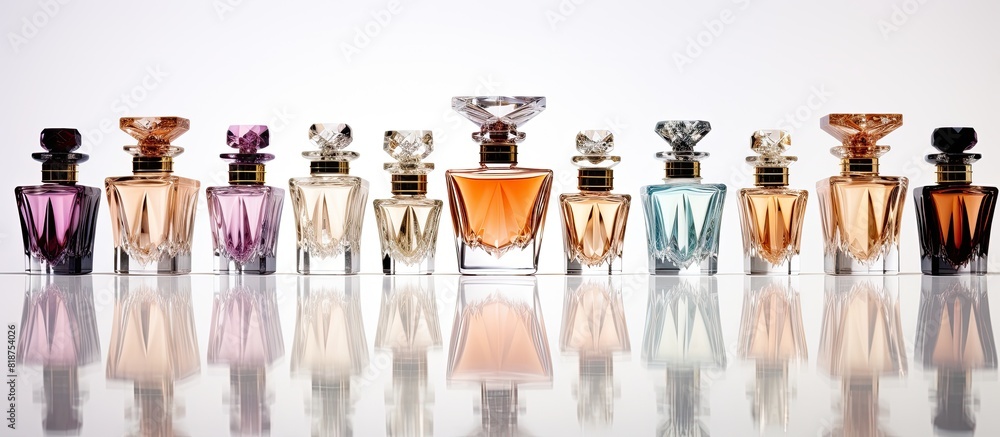 Aufkleber Premium collection of perfume bottles showcased on a white background with a reflective surface creating a copy space image
