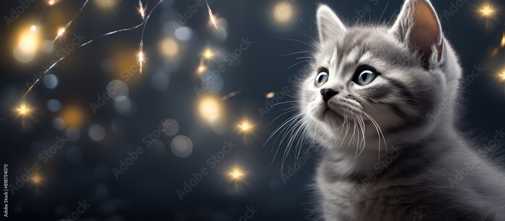 Poster A small gray kitten sitting against a backdrop of twinkling lights gently licks its nose creating a perfect copy space image