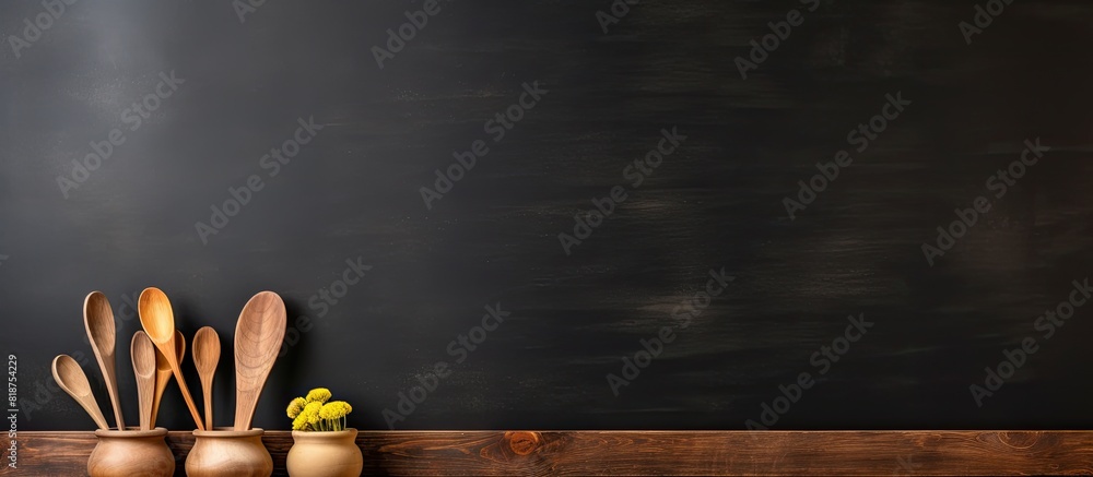 Fototapete a trendy photograph showcasing a blackboard spoons and a desk in the background with ample room for 