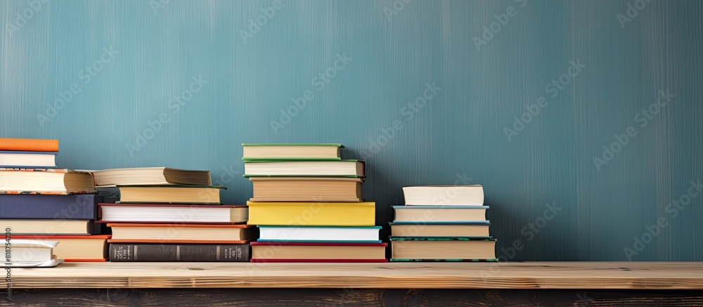 Poster copy space image of a back to school themed arrangement with a stack of hardback books neatly placed
