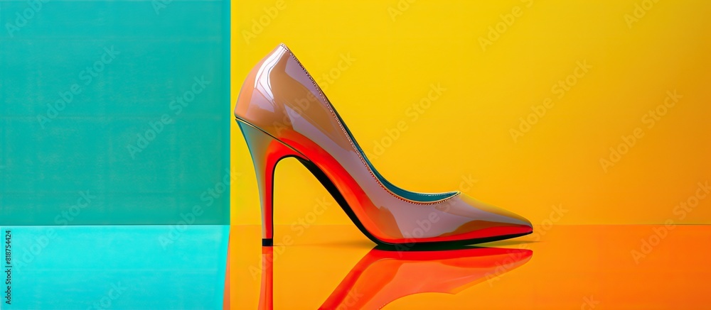 Poster Top view of stylish high heel shoes on a colorful background with space for text. Creative banner. Copyspace image