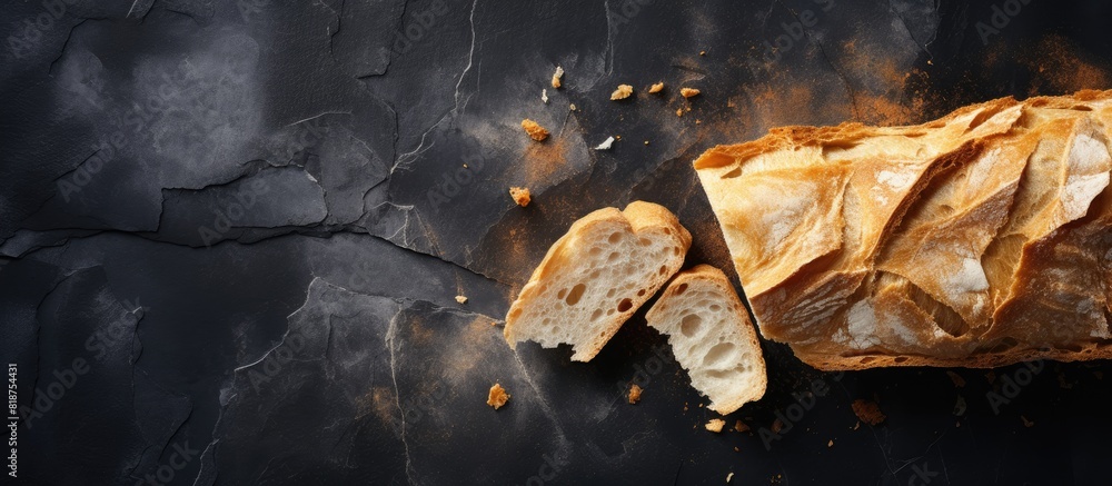 Poster Flat lay of a fragmented French bread loaf placed on a dark metal background with ample copy space image
