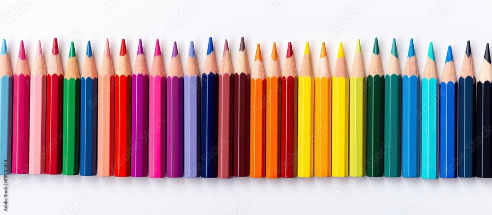 Poster a vibrant assortment of colored pencils on a blank white backdrop providing ample blank space for ad
