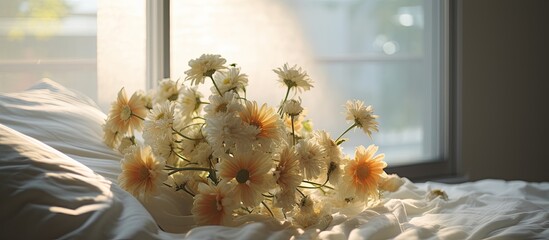In the bedroom a bouquet of daisy flowers rests on the nightstand creating a visually appealing image with room for text. Creative banner. Copyspace image