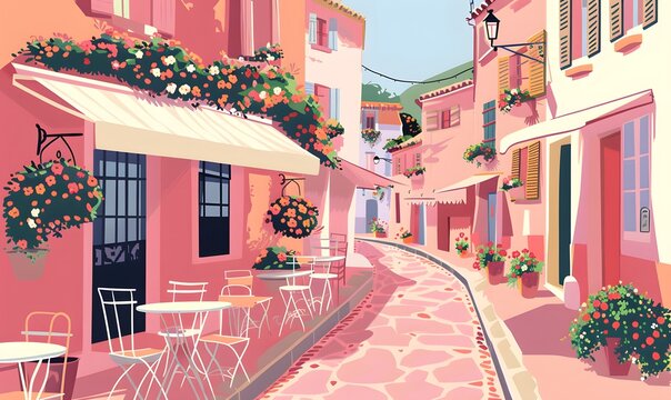 Fototapeta a beautiful illustration of the streets in sunny pink and pastel, Generative AI
