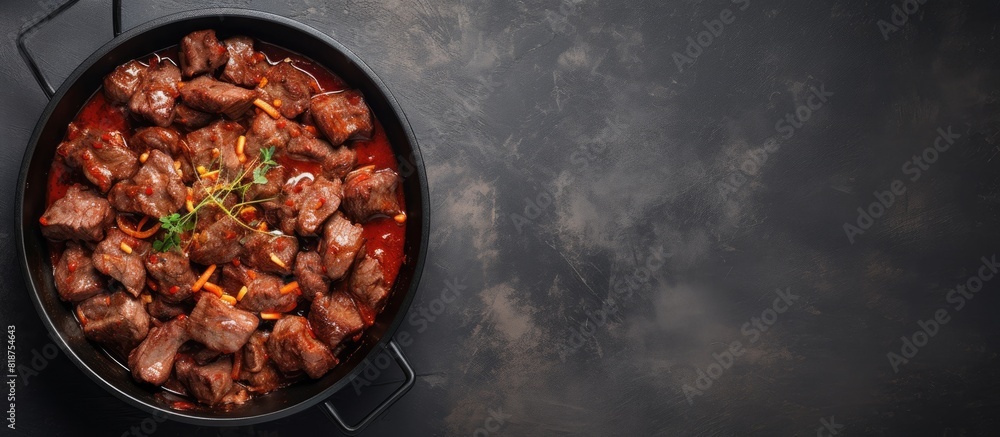 Aufkleber A top view of a pan with canned stewed horse and beef meat set against a gray background with copy space for additional elements