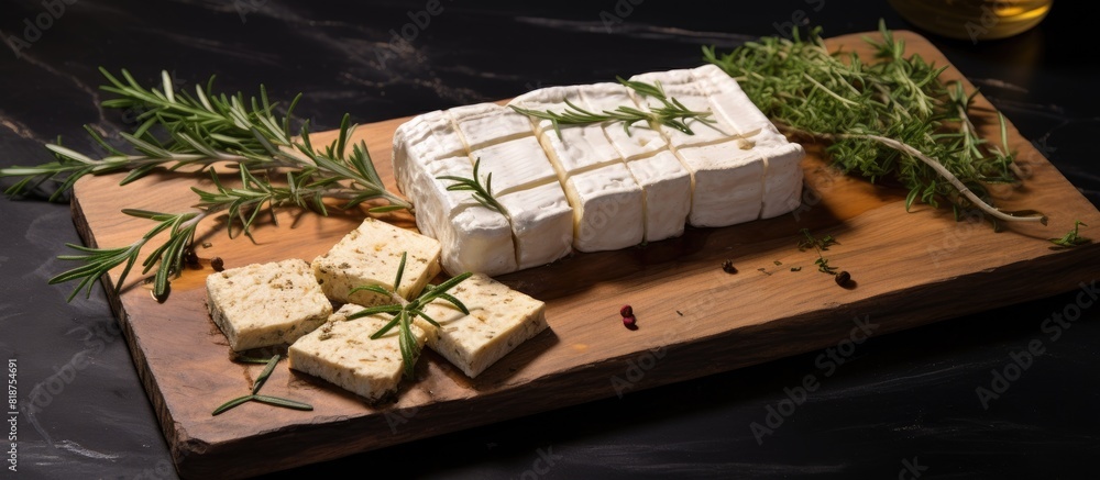 Poster a copy space image featuring a board with pieces of tofu cheese flavored with rosemary set against a