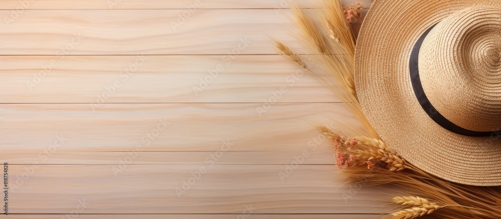 Poster copy space image of a top view summer holiday background featuring a wooden surface adorned with a s