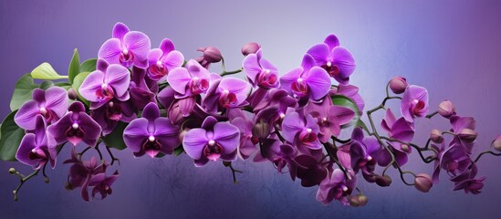 A stunning bouquet of purple orchids graces the natural backdrop leaving ample room for a copy...