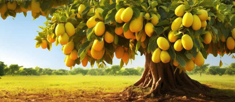 A jackfruit tree with a bunch of jackfruit on it set against a natural backdrop Great for a copy space image