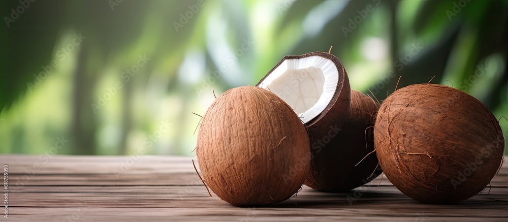 Aufkleber an image of coconuts on a rustic wooden table with a natural background. creative banner. copyspace 