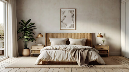 Modern minimalism coastal style bedroom interior design with empty wall mockup background. Luxury home concept featuring a comfortable sofa, bed, home plants and cozy furniture. Generative AI..