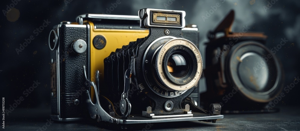 Poster a vintage camera is placed on a background with shades of grey and yellow creating a nostalgic atmos
