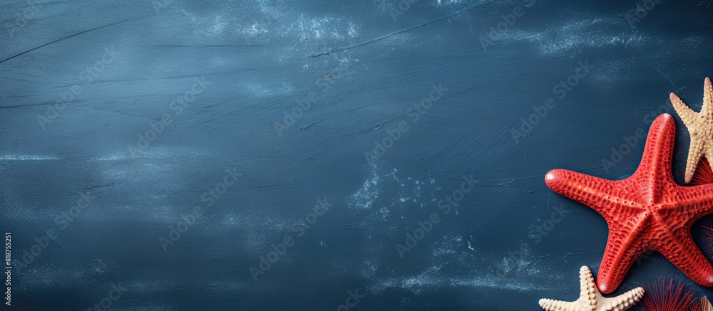 Poster copy space image of a red starfish frame against a dark blue old background evoking the essence of a