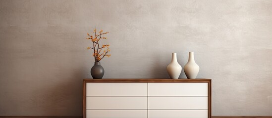The blank wall provides ample copy space for showcasing the chest of drawers photo frames lamp and vases