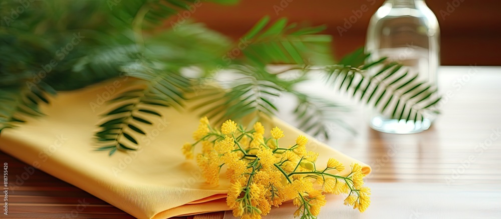 Aufkleber Closeup of a mimosa branch and a napkin on a table creating a visually pleasing composition with plenty of copy space in the image