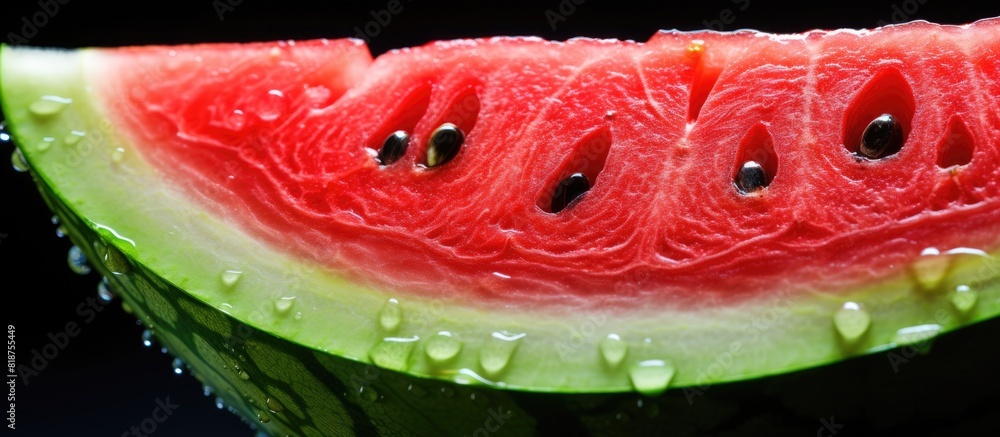 Poster A close up image of a watermelon sliced open revealing its seeds with empty space for text. Creative banner. Copyspace image