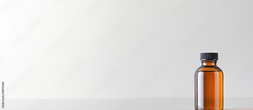 Poster A medicine bottle sits on a table with a plain white background surrounding it creating a copy space image