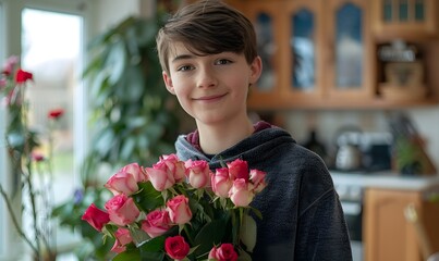 Fototapeta premium boy stood at home clutching a beautiful bouquet of roses, Generative AI
