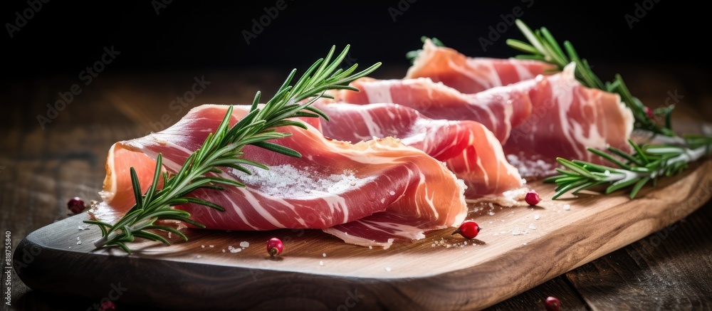Poster a close up copy space image of the tastiest rosemary infused prosciutto resting on a rustic wooden t