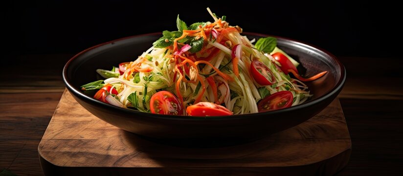 A delicious and spicy green papaya salad prepared in the mouthwatering Luang Prabang style Perfect for a copy space image