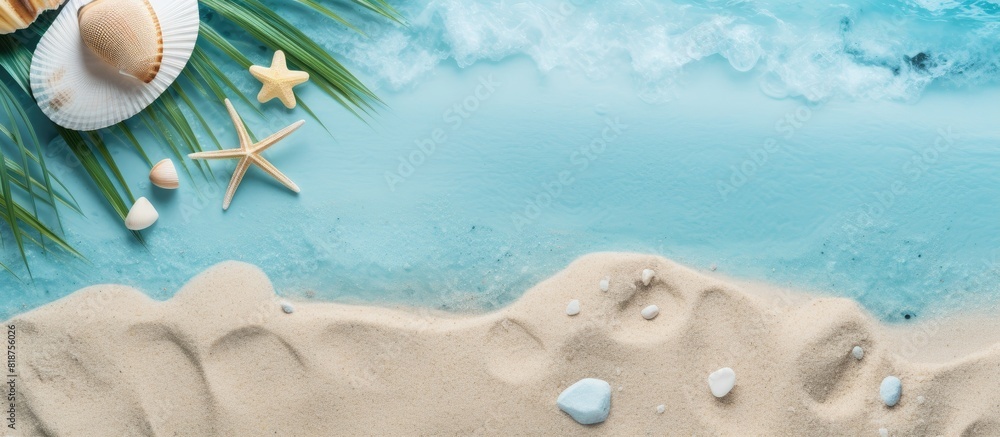 Poster A beach themed flat lay composition displayed on a bright background providing ample space for adding text