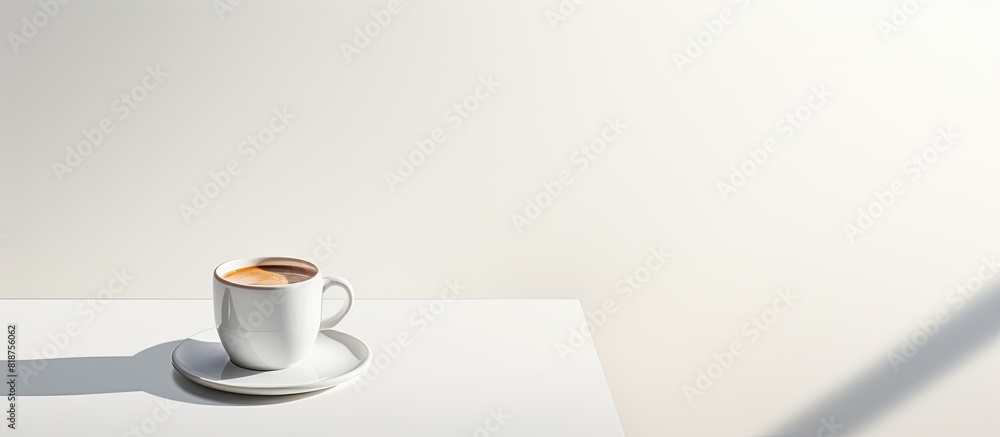 Poster an image of a coffee and white tabletop in a well lit space with a clean white floor. creative banne