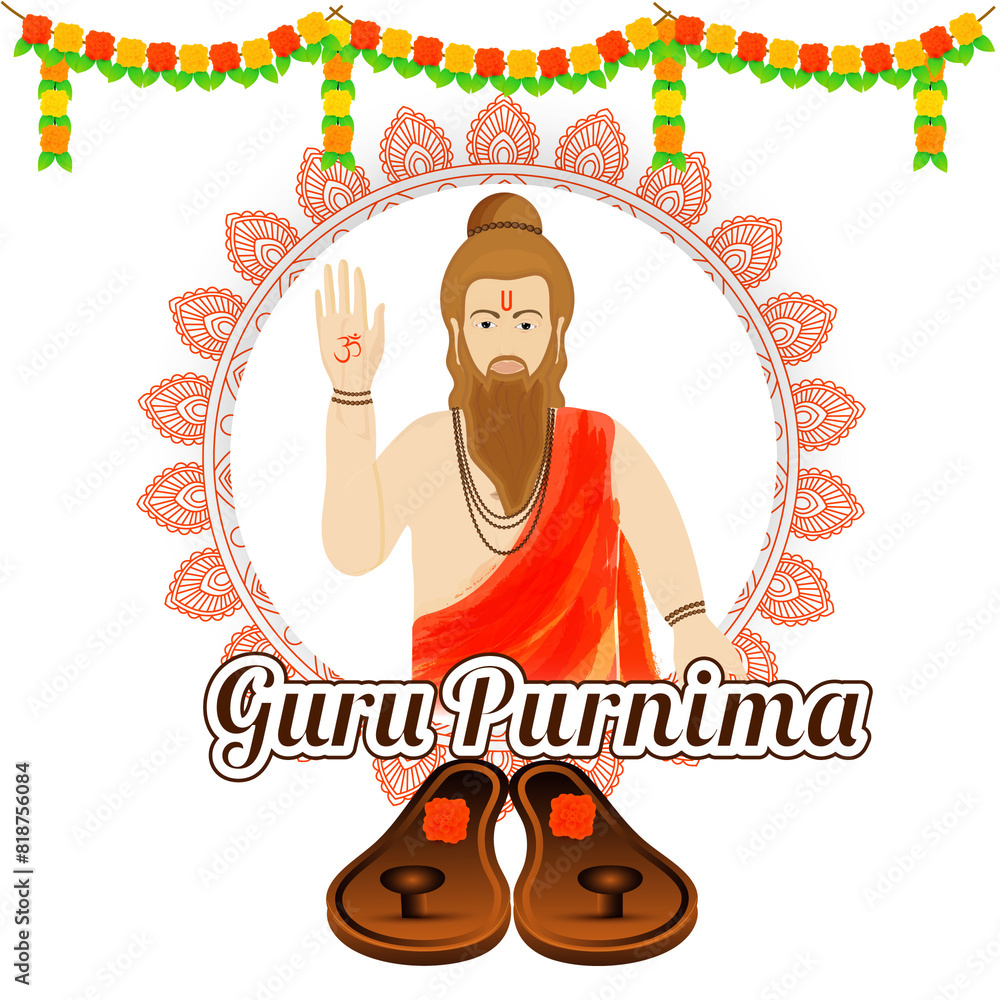 Sticker Guru Purnima Festival Poster with Blessing saint character, paduka on png background