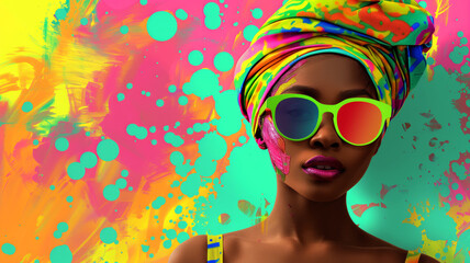 A woman wearing a colorful scarf and sunglasses is the main focus of the image. colorful and modern black woman with cool sunglasses and a turban in front of a abstract background