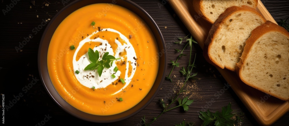Poster a top view image of a bowl containing dietary pumpkin cream soup with toast bread providing a free c