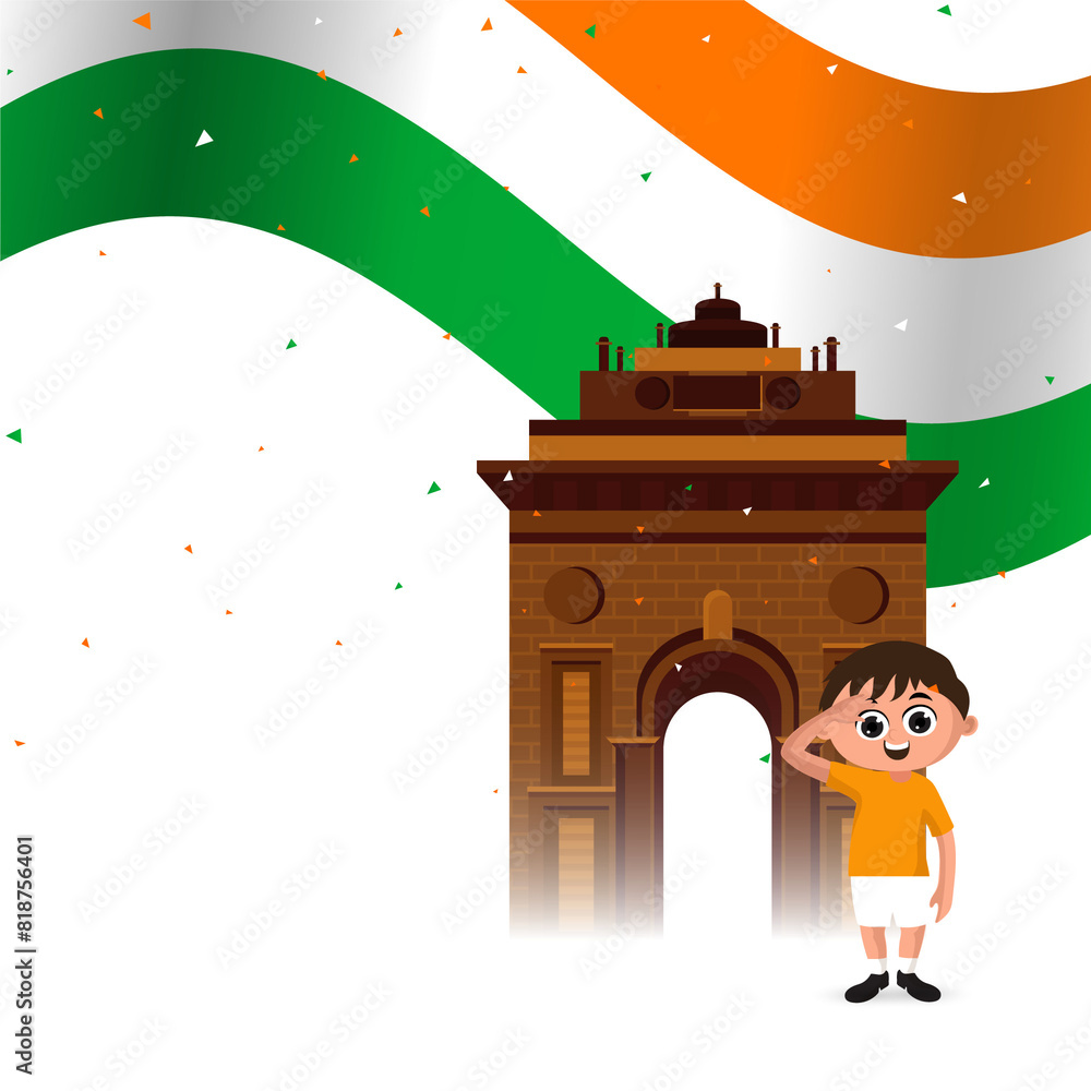 Sticker illustration of little boy in saluting for waving indian national flag in front of india gate on cel