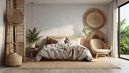Modern minimalism coastal style bedroom interior design with empty wall mockup background. Luxury home concept featuring a comfortable sofa, bed, home plants and cozy furniture. Generative AI..