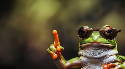A frog wearing sunglasses. The frog is wearing sunglasses and pointing to the camera, giving the impression that it is giving a thumbs up. a frog looking dumb pointing fingers, wearing sunglasses