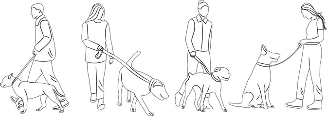 people with dogs on leash sketch on white background vector