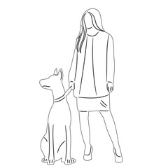 woman with a dog on a leash sketch on a white background vector