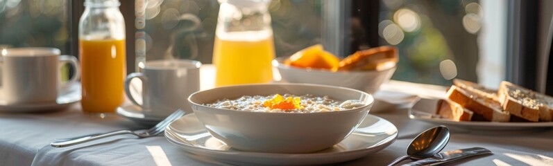 Bowl of cereal and orange juice on a table. Morning porridge, food background. Banner