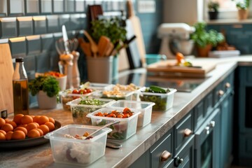 Many containers of food on the counter in this kitchen, food background 