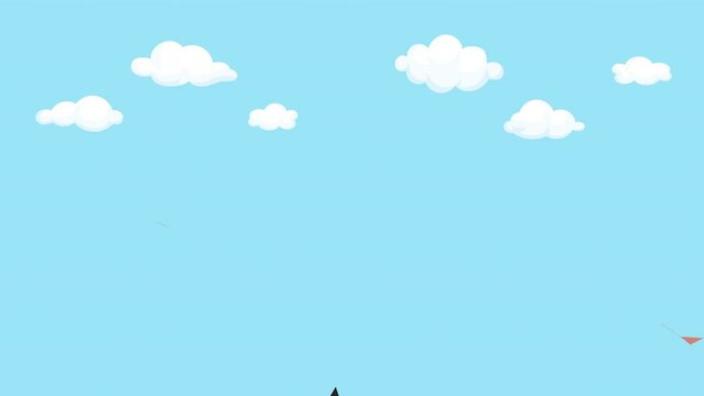 Animated illustration graduation caps tossed in the air with confetti over a blue sky