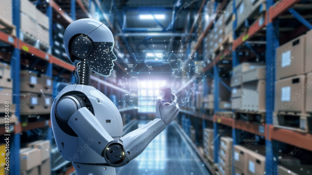Aufkleber advanced ai robot utilizing artificial intelligence to manage inventory in a modern warehouse, showc