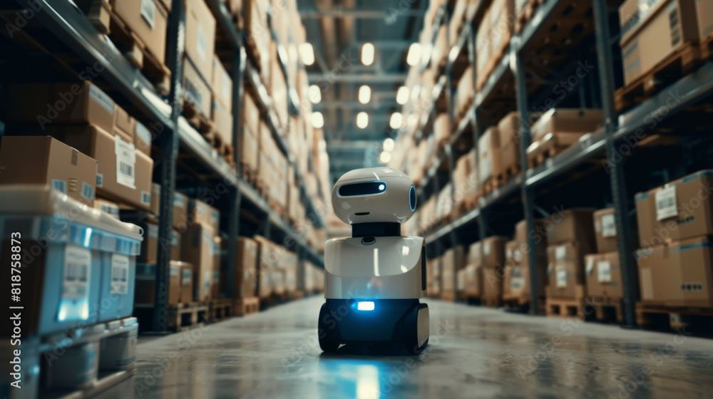 Poster autonomous robot moving through warehouse aisles filled with boxes, highlighting modern automation a