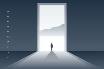 Surreal landscape. Fantasy futuristic sci-fi design. Meditation and mindfulness. Abstract futuristic architecture creative graphic for web. Fantasy world, futuristic fantasy image vector background