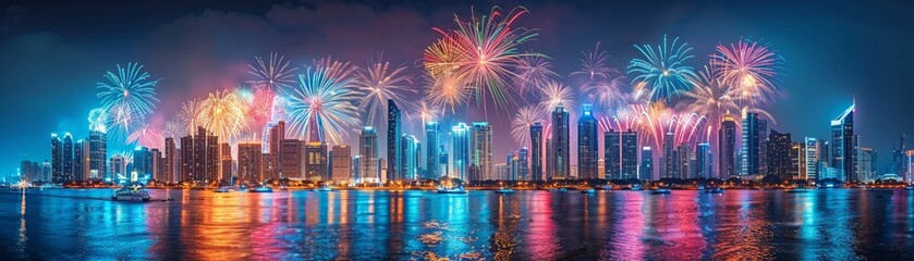 Colorful fireworks display over a city skyline vibrant and celebratory detailed bursts and reflections festive night backdrop