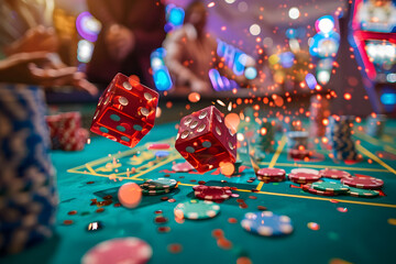 Betting table with dice and chips falling on them, casino concept, gambling, slots concept