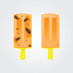 Papaya ice cream set.  Fruit popsicle on a yellow stick with papaya pieces. Summer cold dessert,  fruit ice. Vector illustration EPS 10