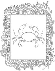Crab in A Floral Frame Coloring Page. Printable Coloring Worksheet for Kids. Educational Resources for School and Preschool.