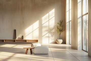 A image of interior of modern room with prop while sun ray shine at window show shadow with minimalism style. Light coming in from the window creates a bright and airy feel in the modern room. AIG42.