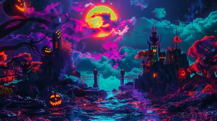 Digital spooky season poster, AI-generated imagery, vibrant colors