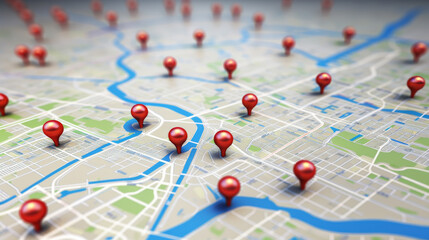 A map with many red pins on it. The map is of a city and the pins are placed at various locations