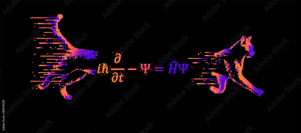 Poster Vector illustration of Schrodinger cat in pixel art futuristic style. The concept of virtual reality simulation and quantum computing.