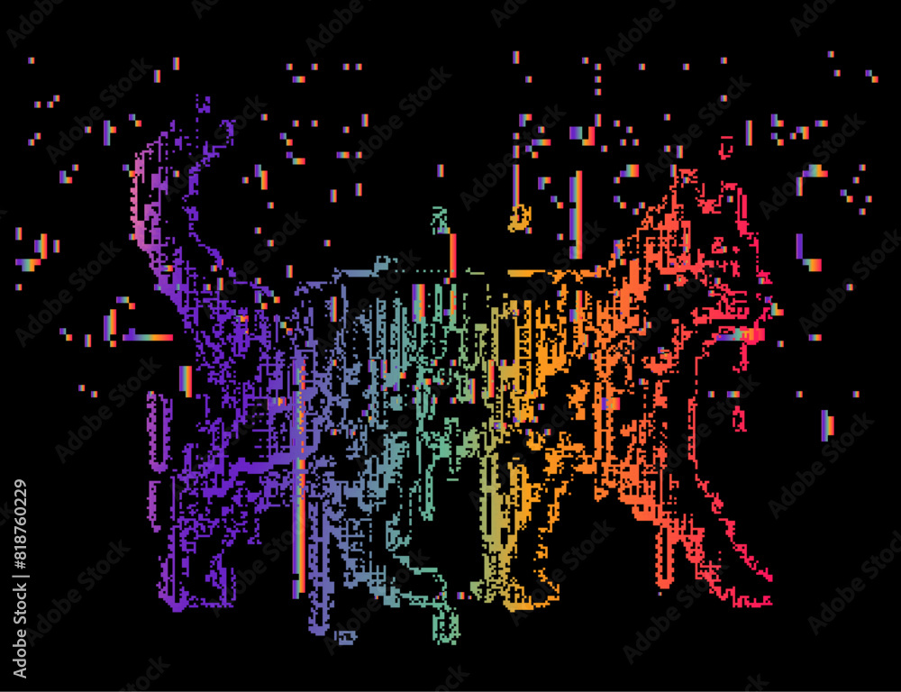 Poster Pixel art futuristic style vector illustration of a cat silhoutte moving in and through visual noise and glitches of different colors. Concept of the virtual reality and computer simulation.